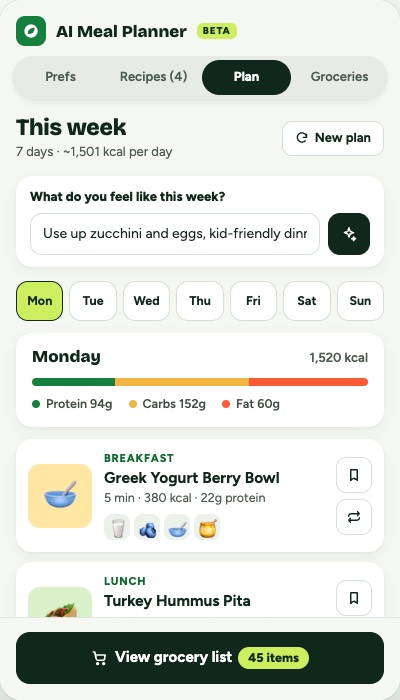 AI Meal Planner side panel showing a weekly meal plan with breakfast, lunch and dinner